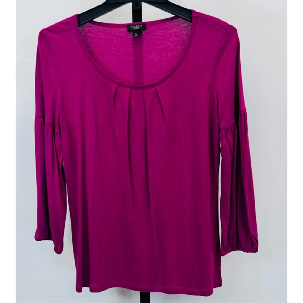 Talbots Solid Color Women S Petite 3/4 Sleeve Top T Shirt Plum Pleated Neck